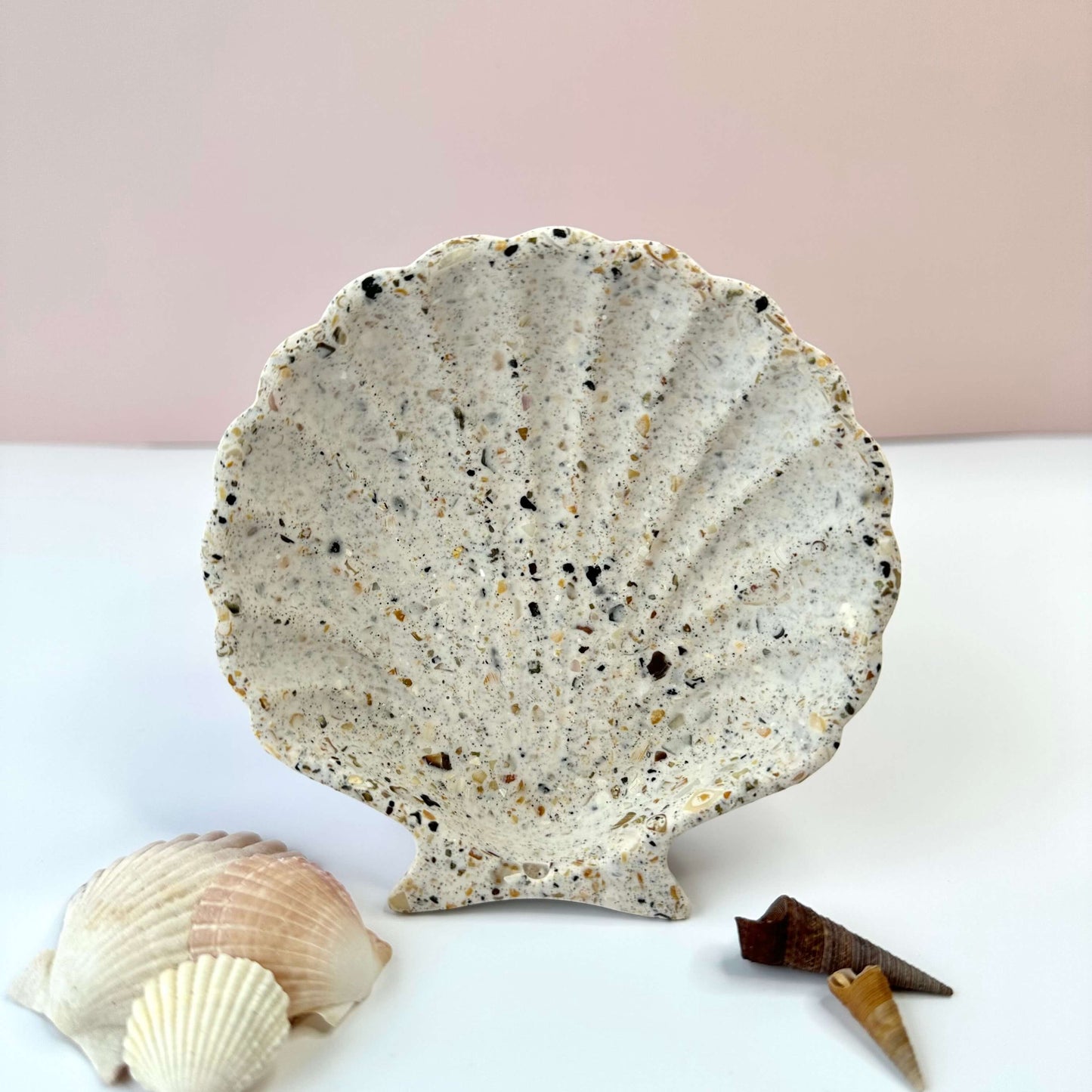 Small Shell shaped trinket catchall made with sand and shells and a white base