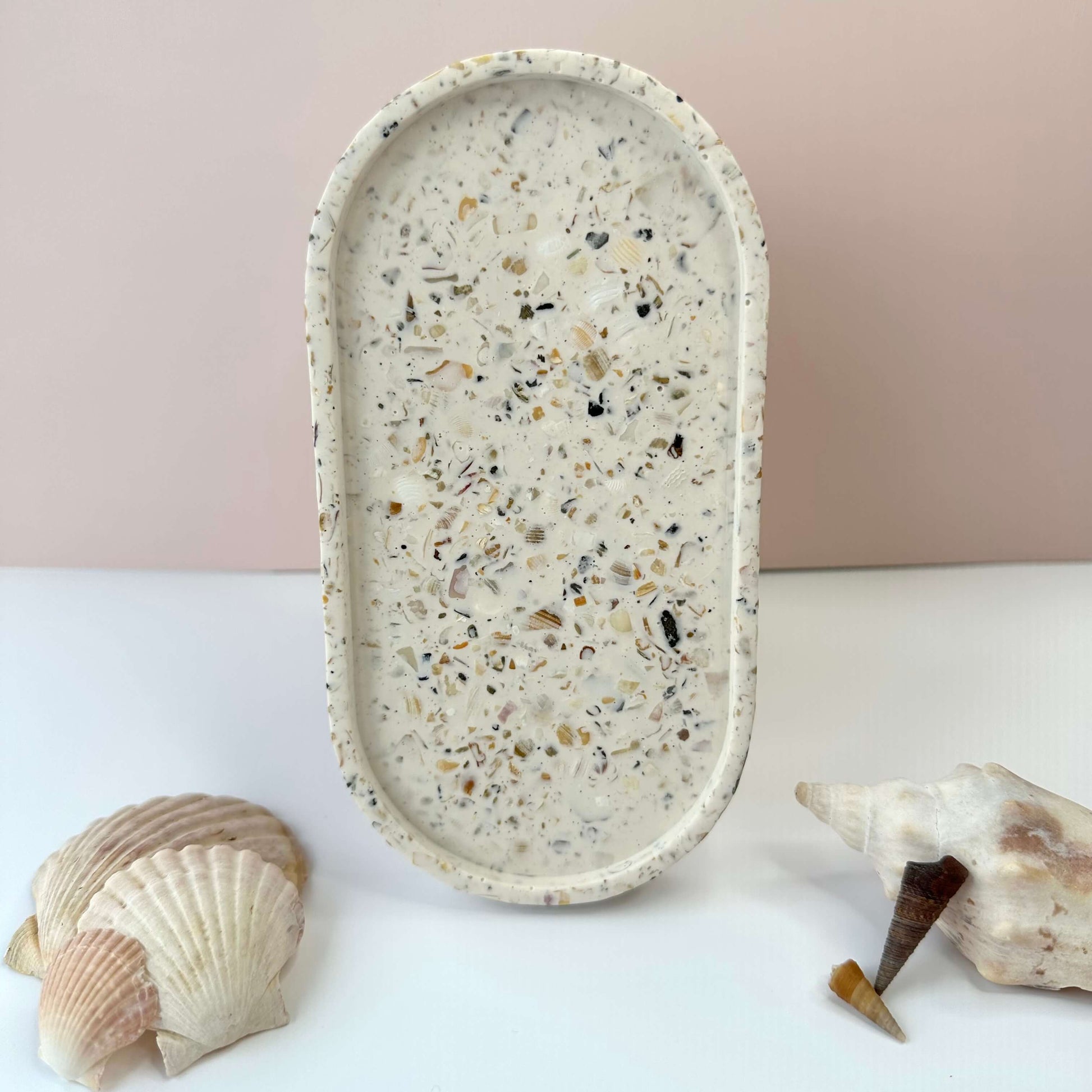 Original oval trinket tray made with shells and a white base