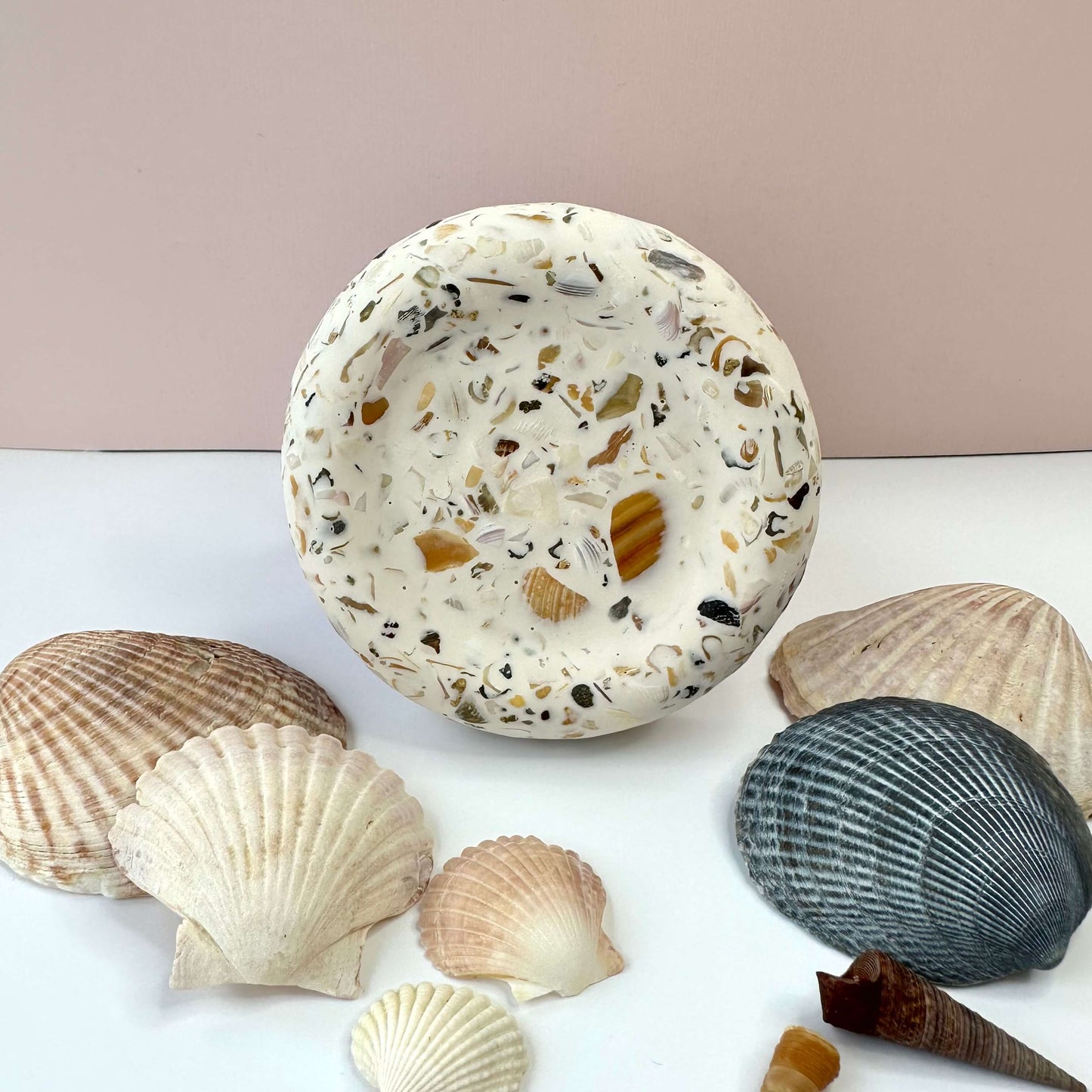 Doughnut trinket catchall made with shells and a white base